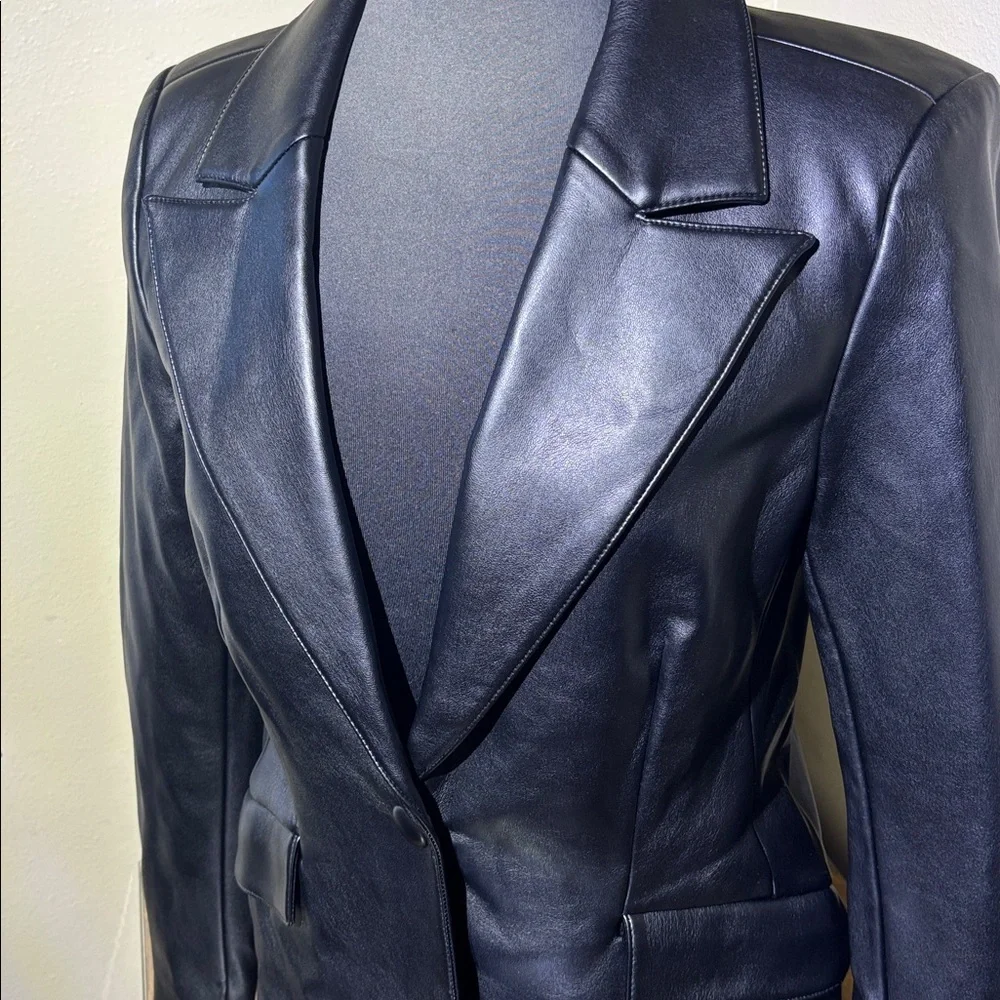 Good American Black Faux Leather Sculpted Blazer, Zipper detail on arms, size 2